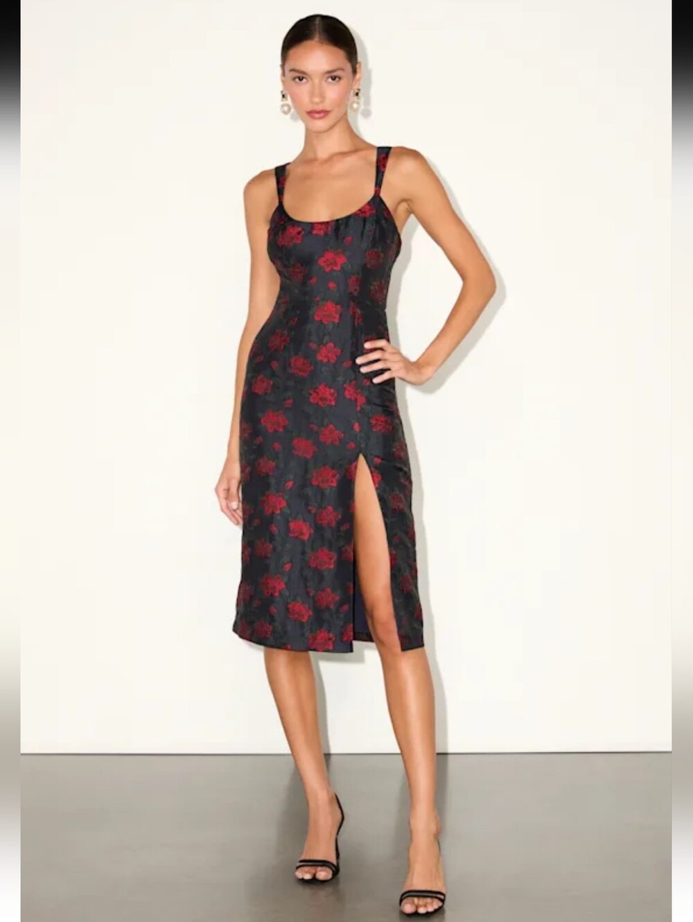 Lulu's Black Satin Midi Dress with Red Floral Jacquard Size XXL NEW #4G